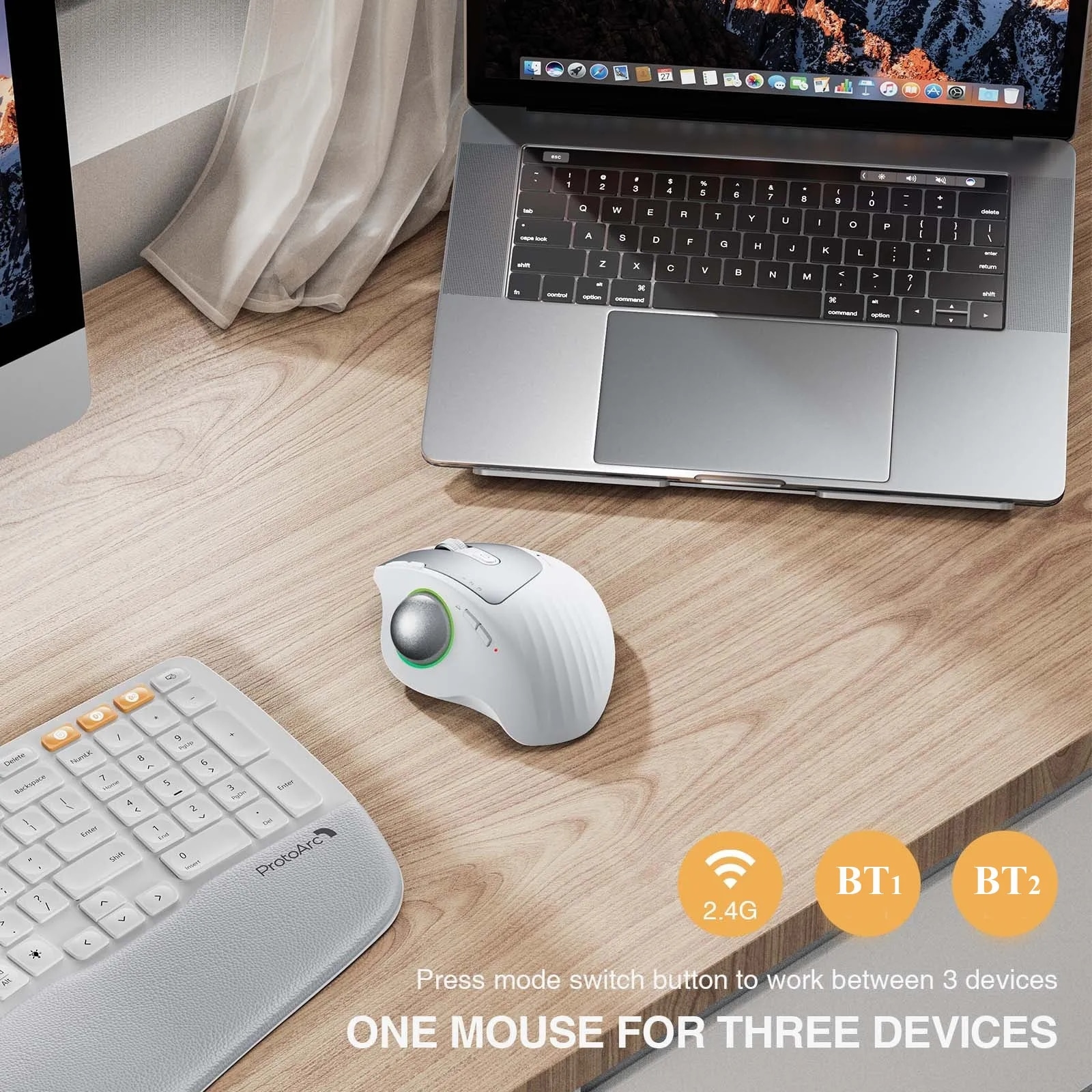 ProtoArc EM01 Trackball Mouse RGB Wireless 2.4G Bluetooth Ergonomic Mouse Rechargeable Rollerball Mice for Laptop PC iPad Mac. 