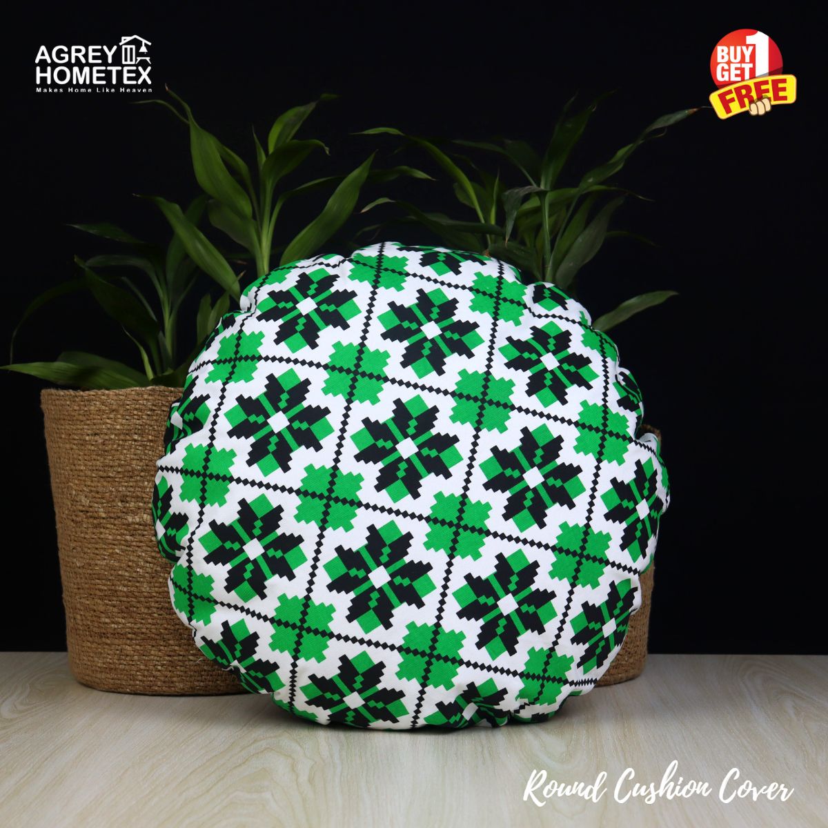 Exclusive Round Cushion Cover, Green & Black (20″x20″) Only Cover, Buy 1 Get 1 Free