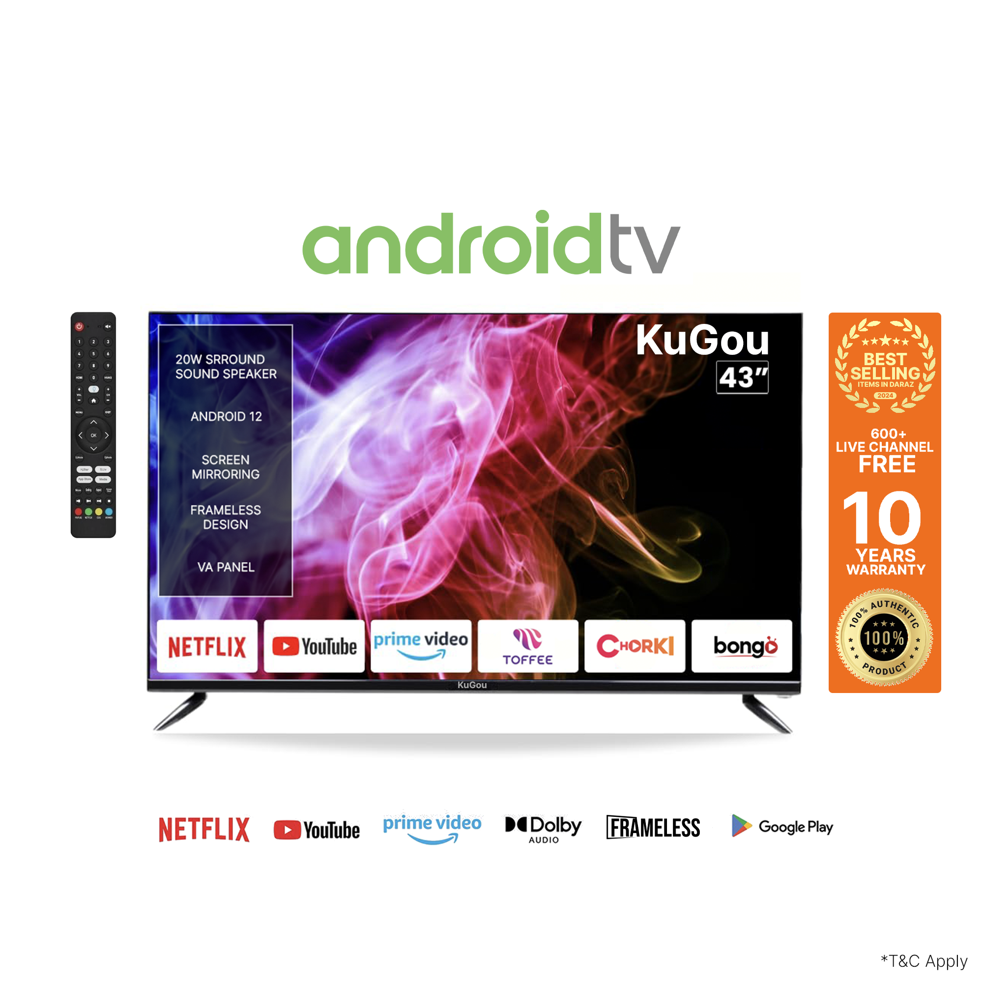 KuGou 43" TV FHD (4k Support) Frameless Android Smart TV