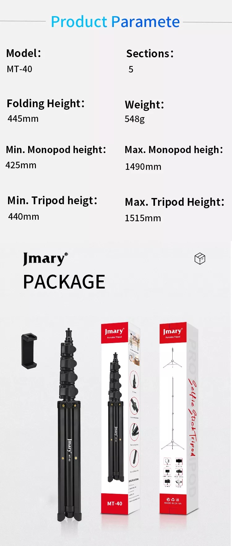 Jmary MT-40 2in1 Monopod Selfie Stick Tripod Multifunctional uses mobile, Camera, Ring light, Action Cam, Projector, Digital Camera Etc