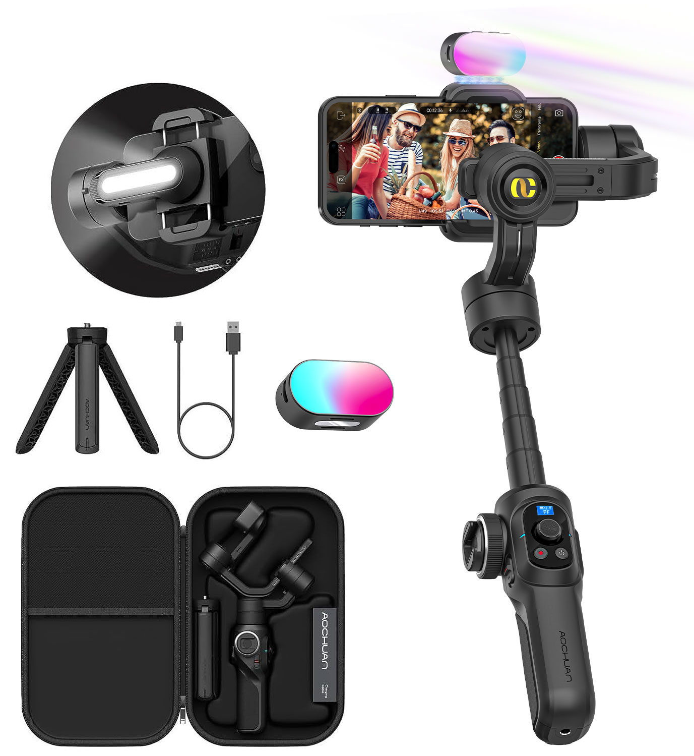 AOCHUAN SMART S2 Gimbal Stabilizer for Smartphone Professional Industry-Standard 3-Axis Phone Gimbal with Extendable Rod