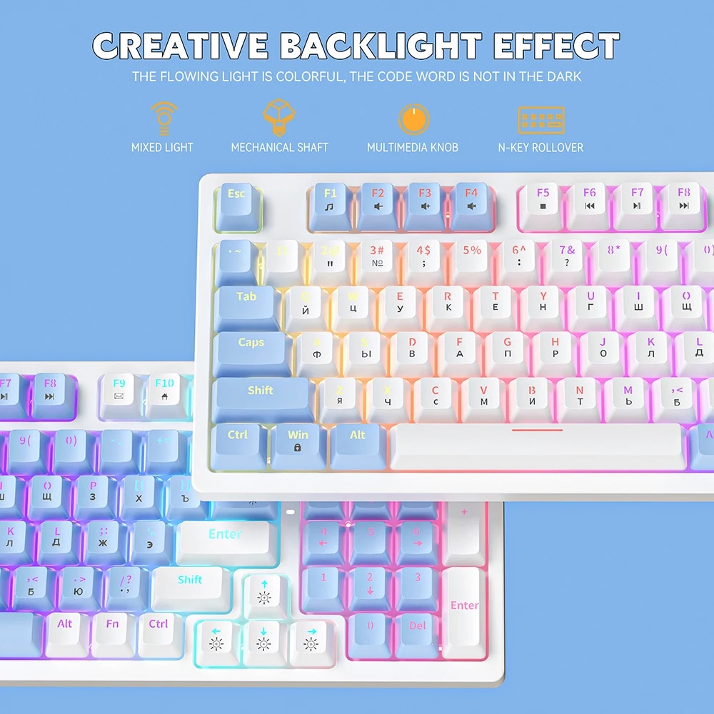 ZA981 Wired Gaming Mechanical Keyboard Russian/English Backlight Gamer Keyboard 98 Keys Knob light control Type-C Hot-swap. 