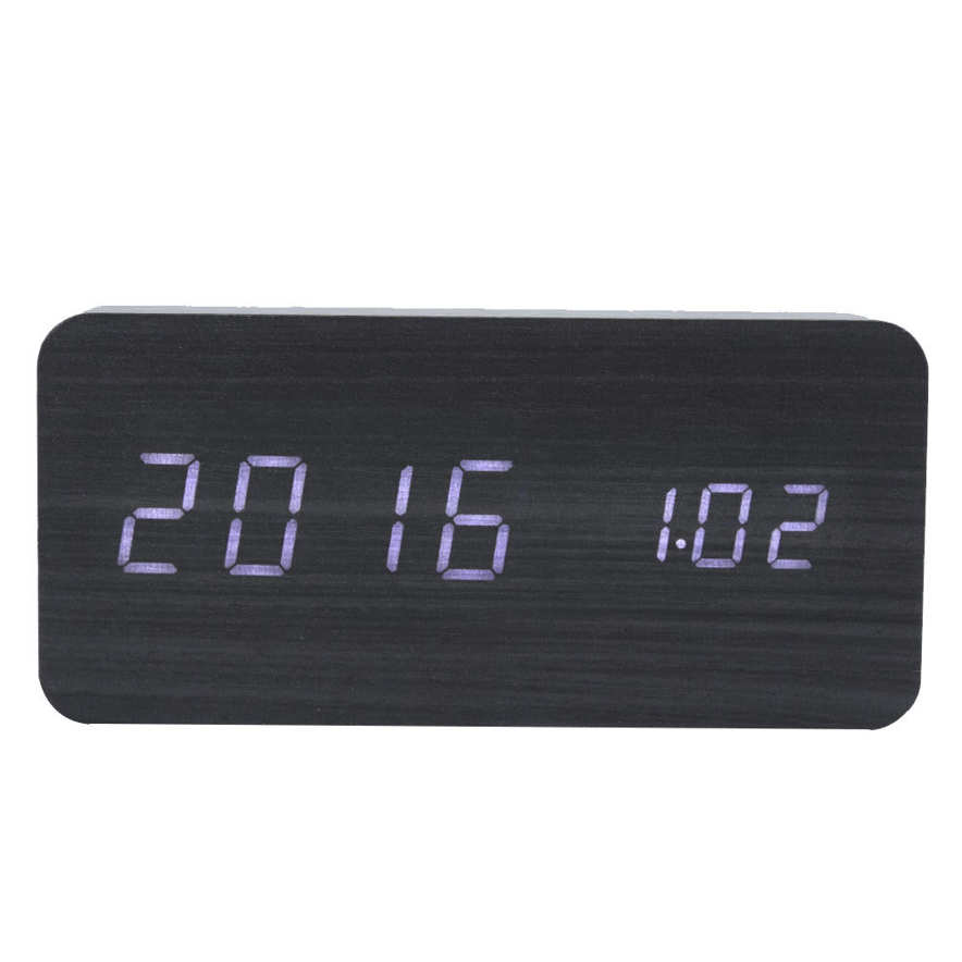 Rectangular Clock LED Wooden Alarm Electronic Voice Control Temperature Date Table Digital Clocks Black Wood White Lamp. 