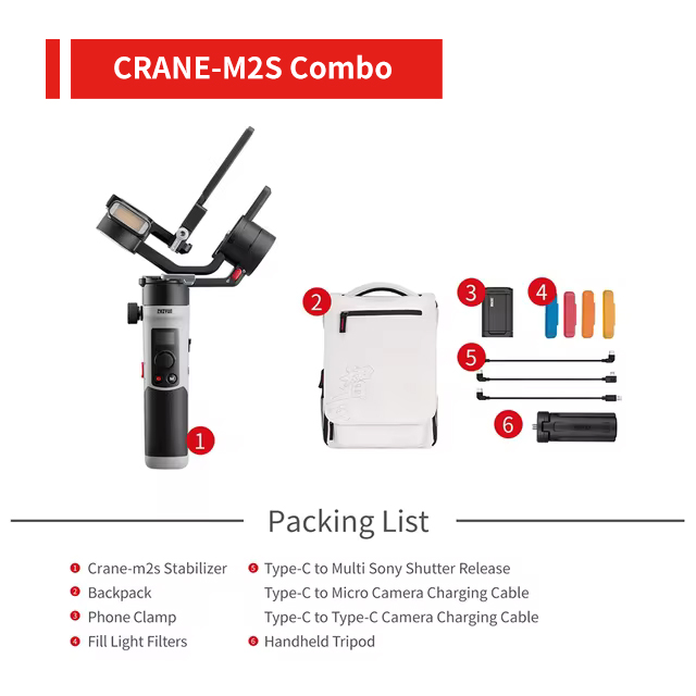 ZHIYUN Crane M2S Combo 3-axis Gimbal Stabilizer for Action Camera Smartphone Gimble for Sony A6600/A6500/A6400 A7C Canon EOS R. 