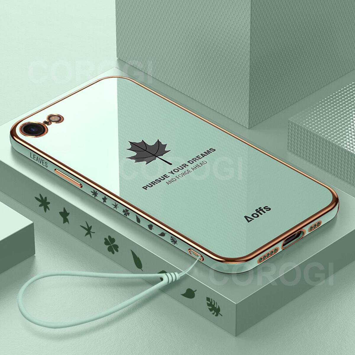 For iPhone 8 / iPhone 7 Back Cover + Wrist Strap Fashion Shiny Maple leaf Plating Square Bumper Phone Case Soft TPU Silicone Shockproof Protective Cover
