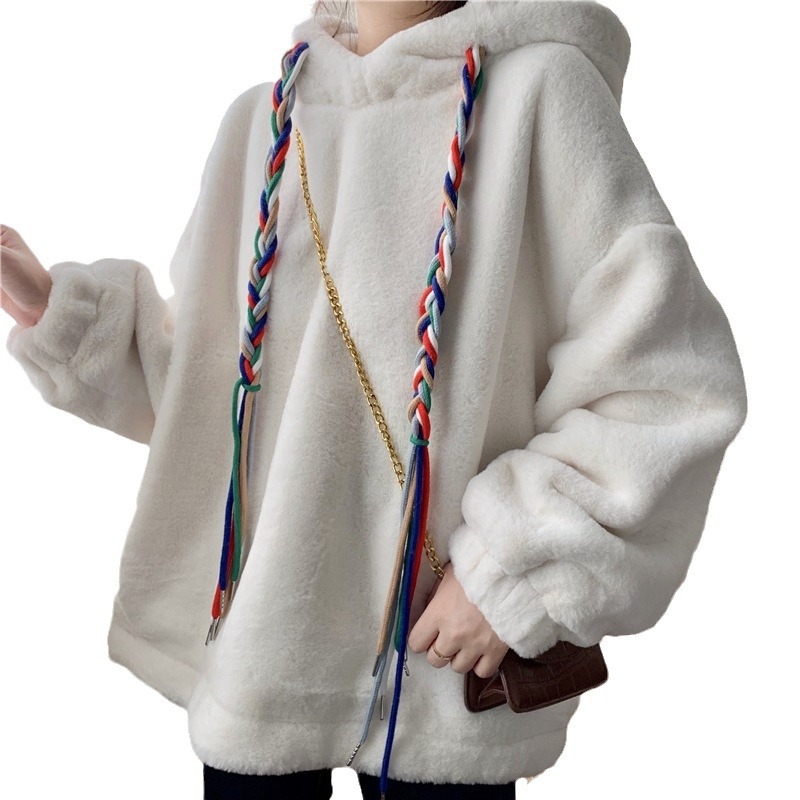 2024 Lambswool Hooded Sweatshirt Women's Autumn and Winter Thickened and Fleece Jacket Lazy Style Loose Korean Version Versatile. 