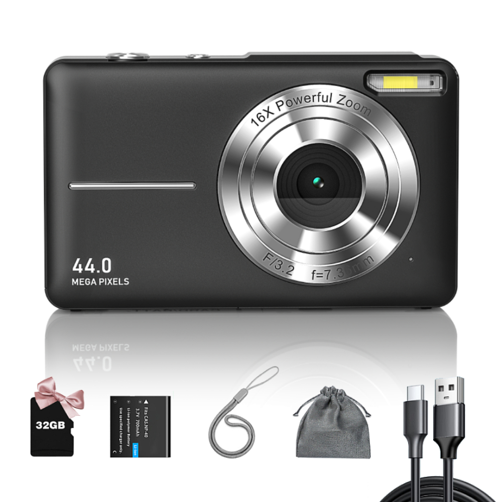 Digital Camera FHD 1080P Teens Camera with 32GB Card, Battery, Lanyard, 16X Zoom Anti Shake, 44MP Compact Portable Small Cam. 