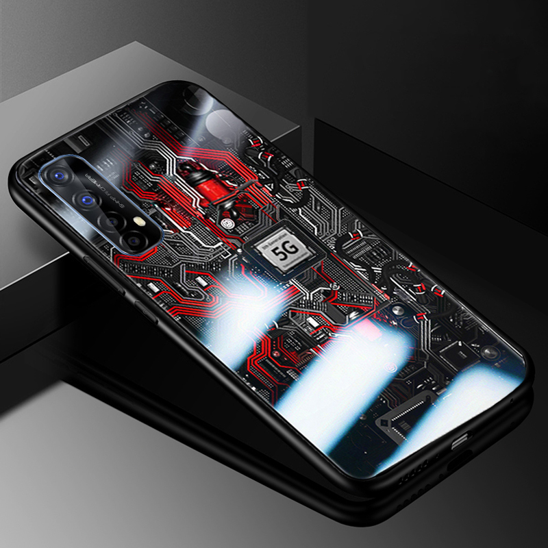 For Realme 7 Back Cover Version Theme Case Tempered Glass Protection shockproof Cover for Realme7 case Transparent Circuit Board Design Full Coverage Phone cases. 