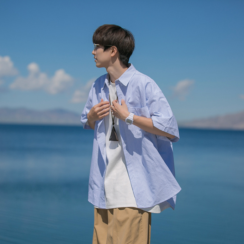Striped short sleeve shirt men's 2024 new summer japanese trendy brand loose casual men's cargo shirt jacket