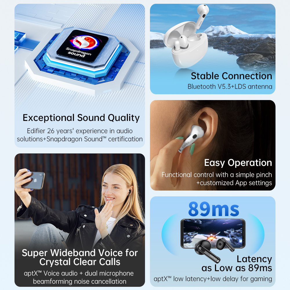 Edifier W220T Wireless Bluetooth Earbuds TWS, Snapdragon Sound, aptX adaptive, Bluetooth 5.3, 4-mic Noise Cancellation. 