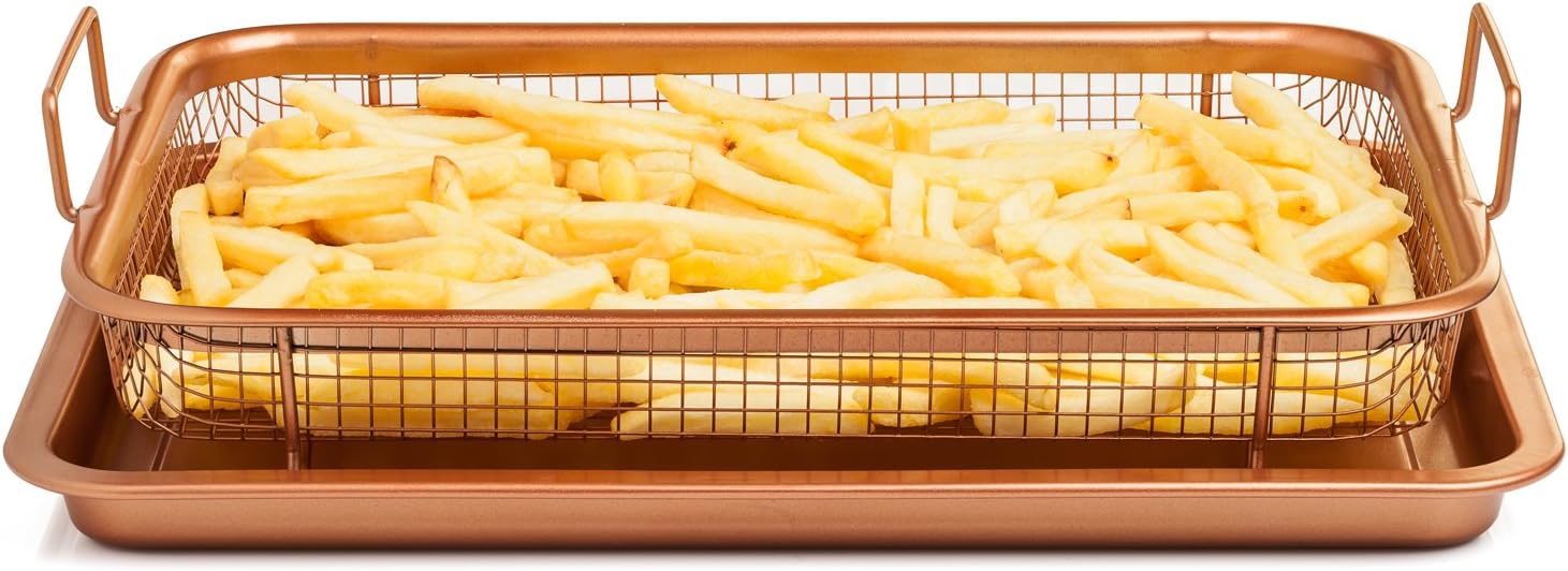 Copper Crisper Non-Stick Oven Baking Tray with Crisping Basket, 2 Piece Set. 