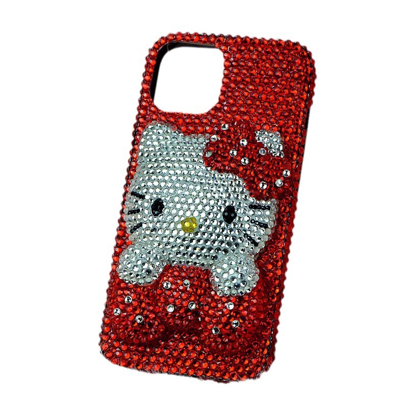 Applicable iPhone11 12 1314pro Max Apple 8plus Red Rhinestone Cat Phone Case All Inclusive. 