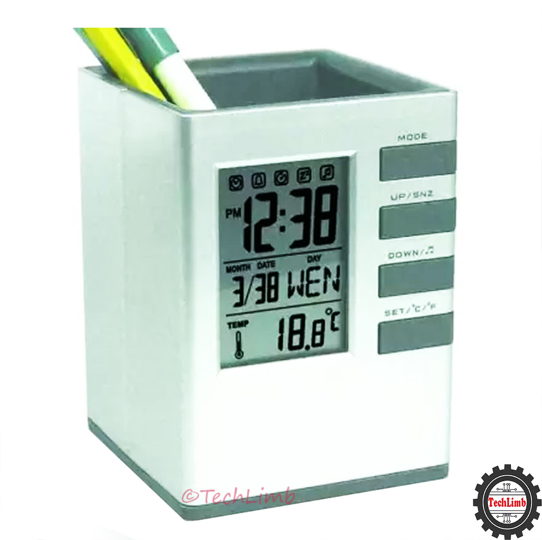 CUBE Desk Pen Stand with Digital Clock, Temperature, Alarm & Calendar - Multifunctional Pen Holder for Office & Home Desk - TechLimb. 