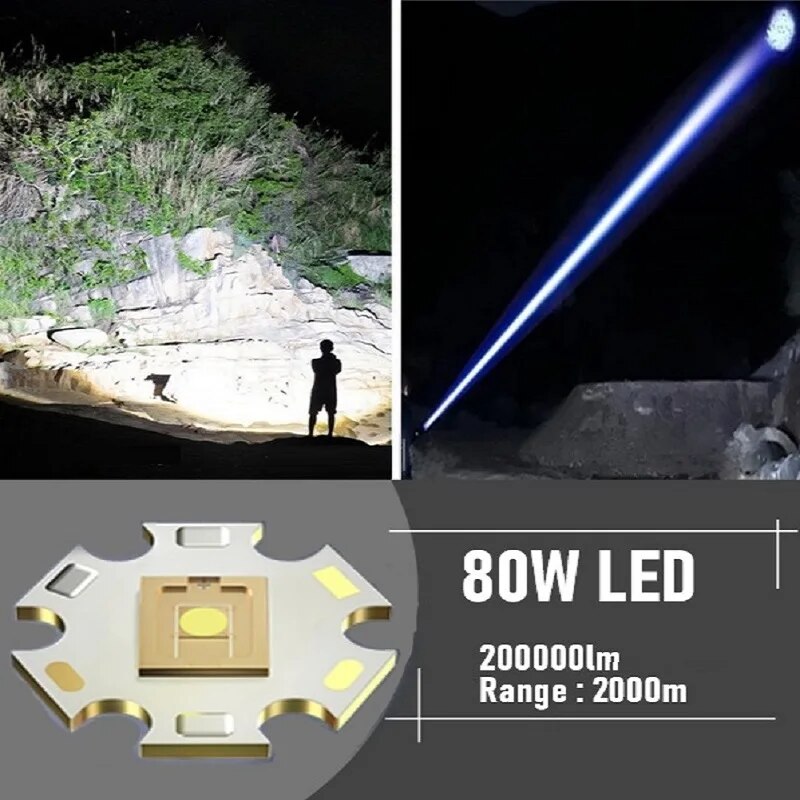 200000lm Powerful LED Flashlight Super Bright 80W Torch Type-c Rechargeable Flash Light High Power Camping Lamp Tactical Lantern. 