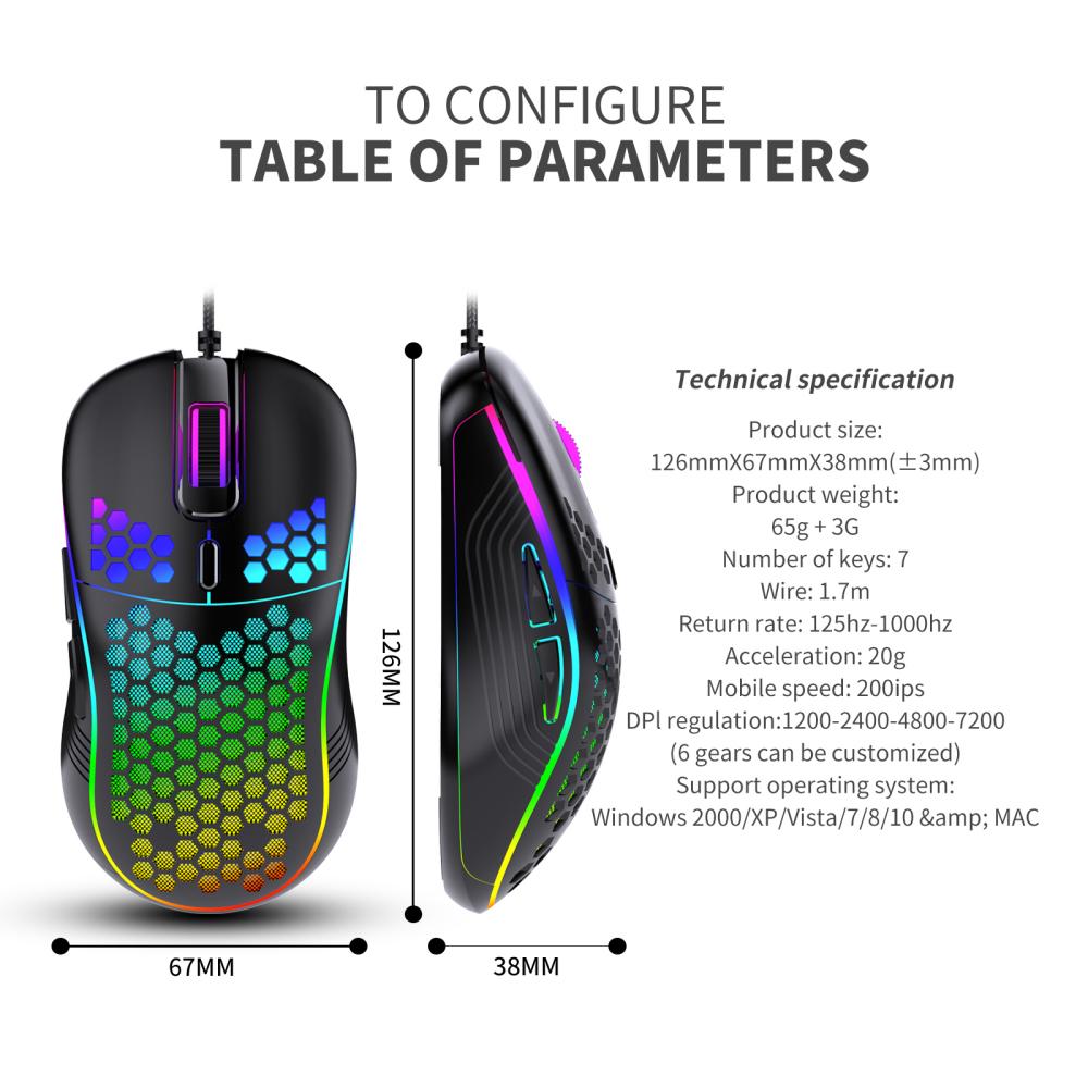 （NEW）Lightweight RGB Gaming Mouse 7200DPI Ergonomic Mice with Ultra Weave Cable For Computer Gamer. 