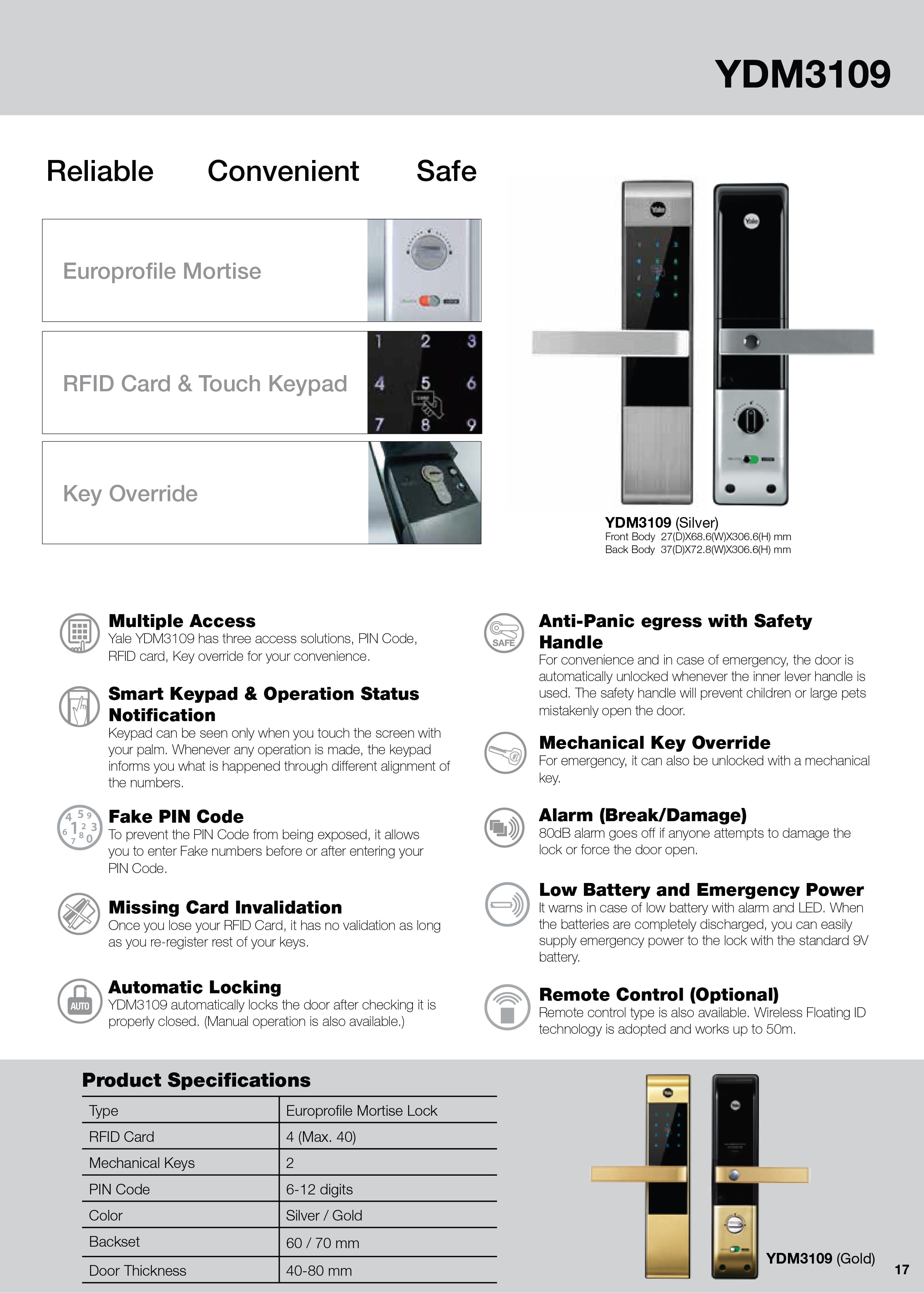 YALE Digital Door Lock YDM3109+ (4080mm) Smart Bluetooth App pin key Digital Door Lock. 