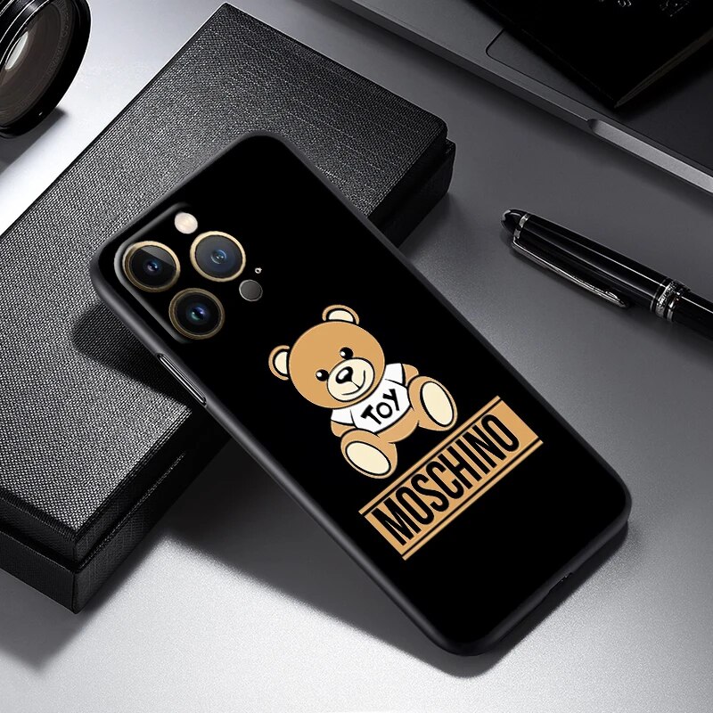 Fashion Teddy Bear Carton Phone Case For Apple iPhone 15 14 13 12 11 Mini XS XR X 8 7 6 6S SE Plus Pro Max Black Soft Cover. 