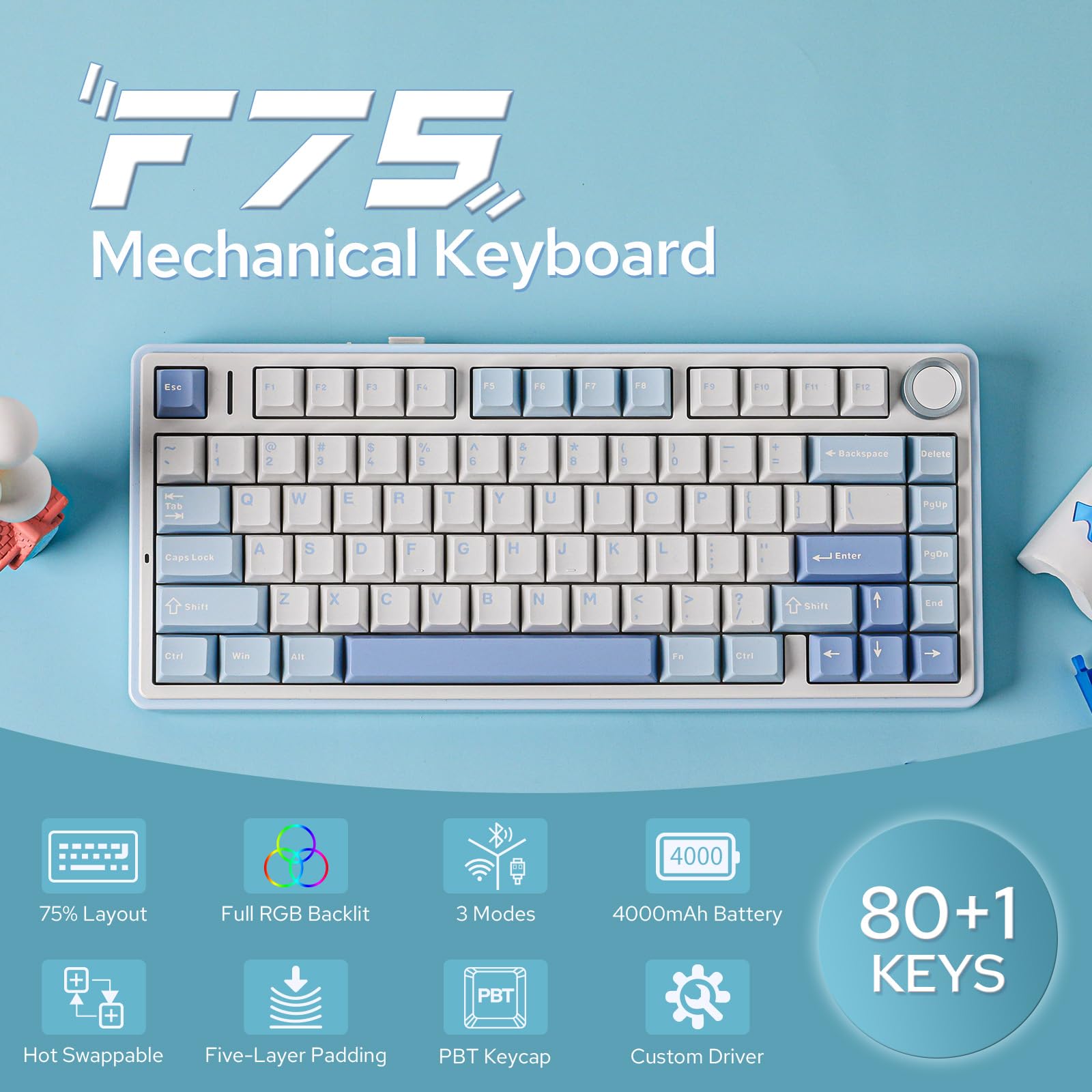 Aula F75 Gasket Mechanical Keyboard 75% Wireless Hot Swappable Gaming Keyboard With Knob Bluetooth/2.4G/USB-C Tri-Mode Keyboard