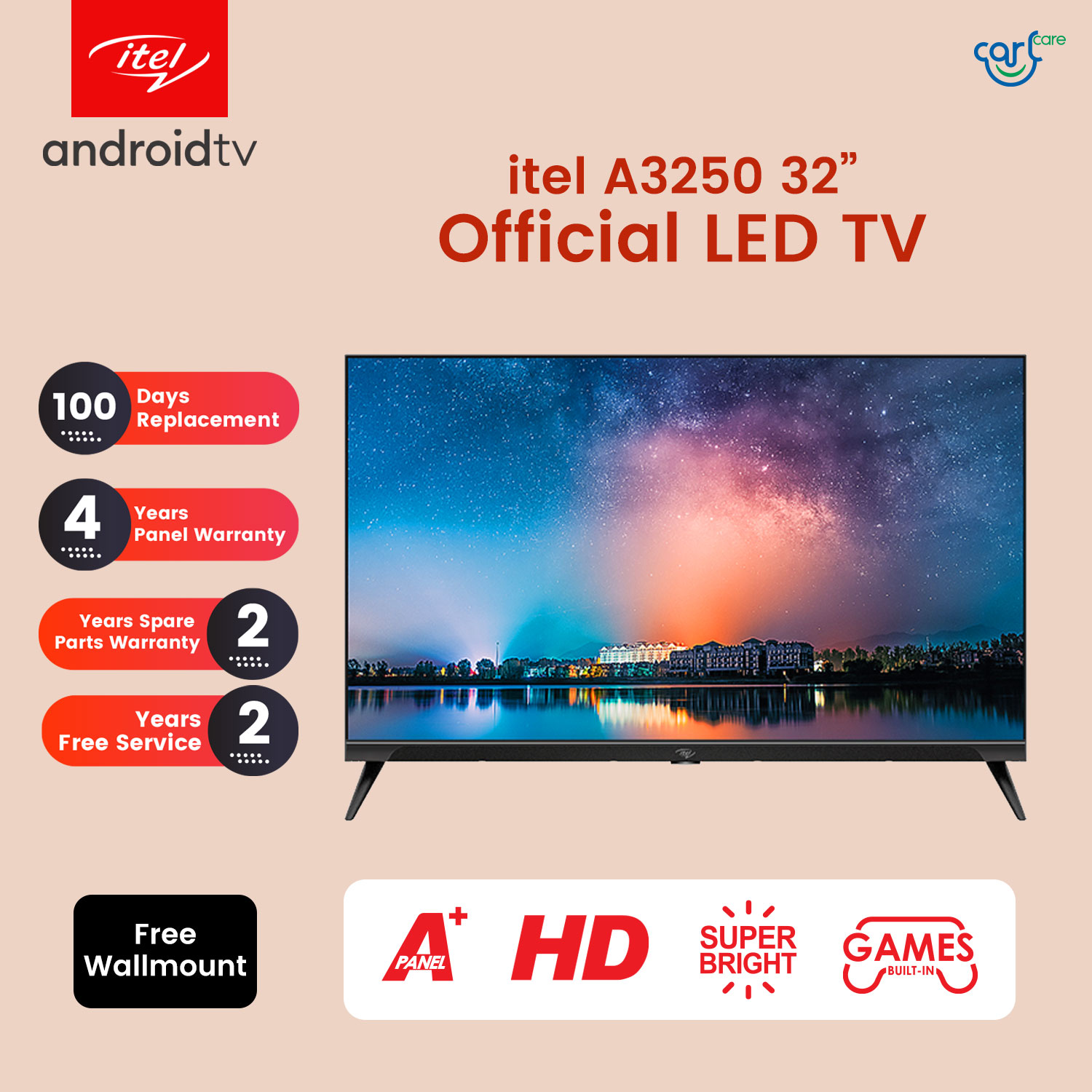 itel A3250 32" LED TV, HD Display, A+ Grade Panel, Built in Games, 20W Stereo Speaker. 