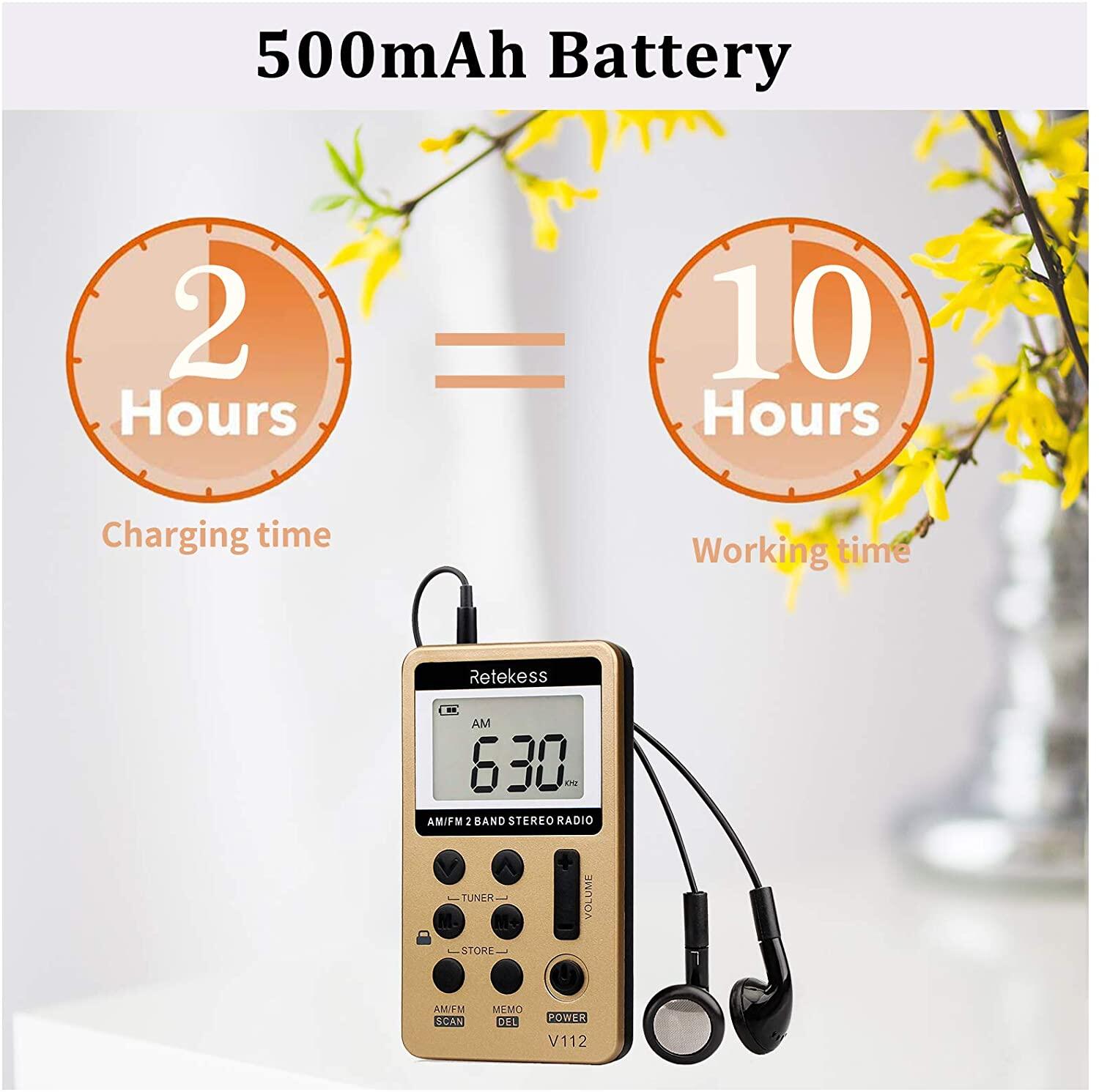 Retekess V112 AM FM Radio Portable Mini Radio with Earphone Pocket Digital Tuning Rechargeable Batteries LCD Display for Walking Jogging. 