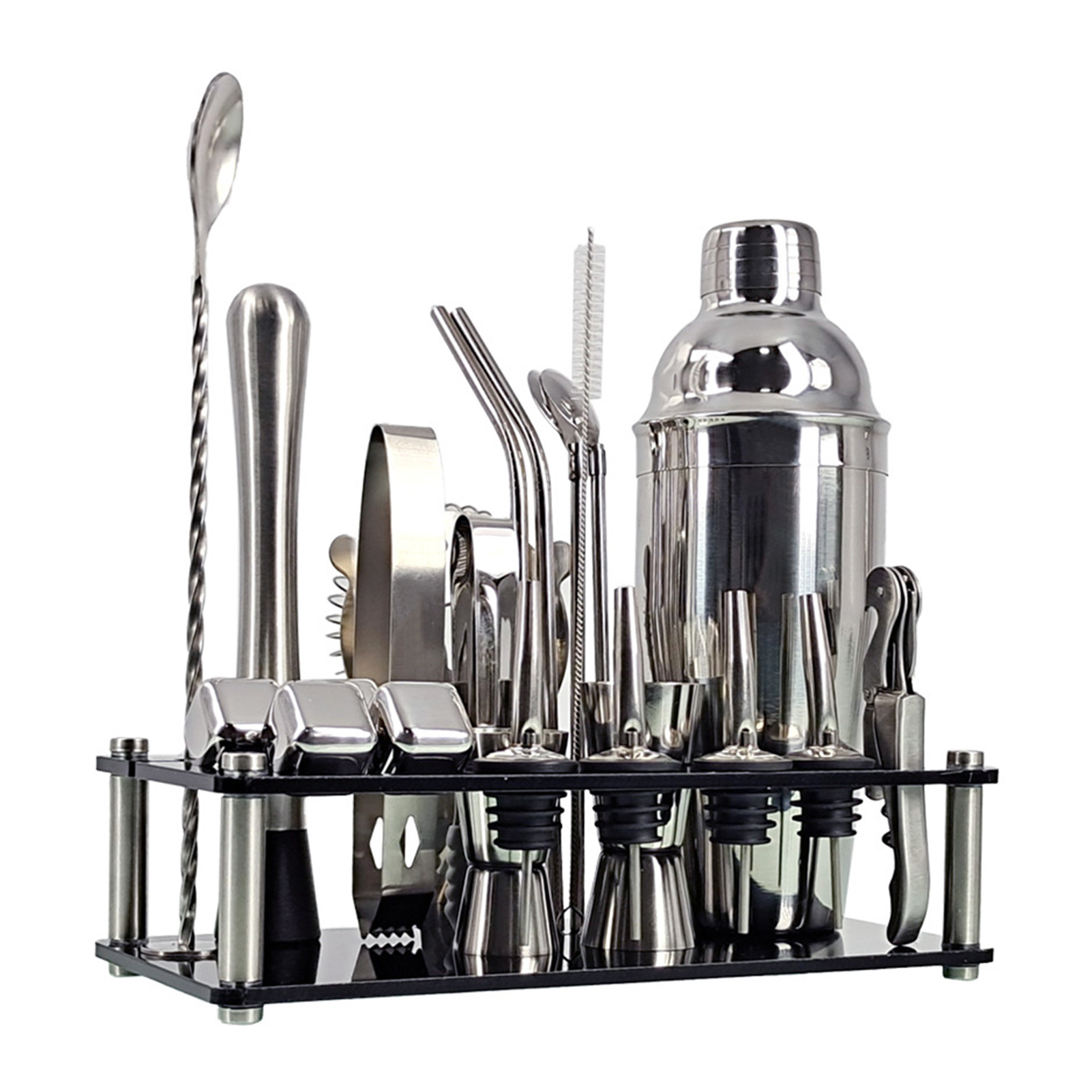 23Pcs/Set Bartender Kit Professional Versatility Stainless Steel Martini Cocktail Shaker with Stand Bar Accessories. 