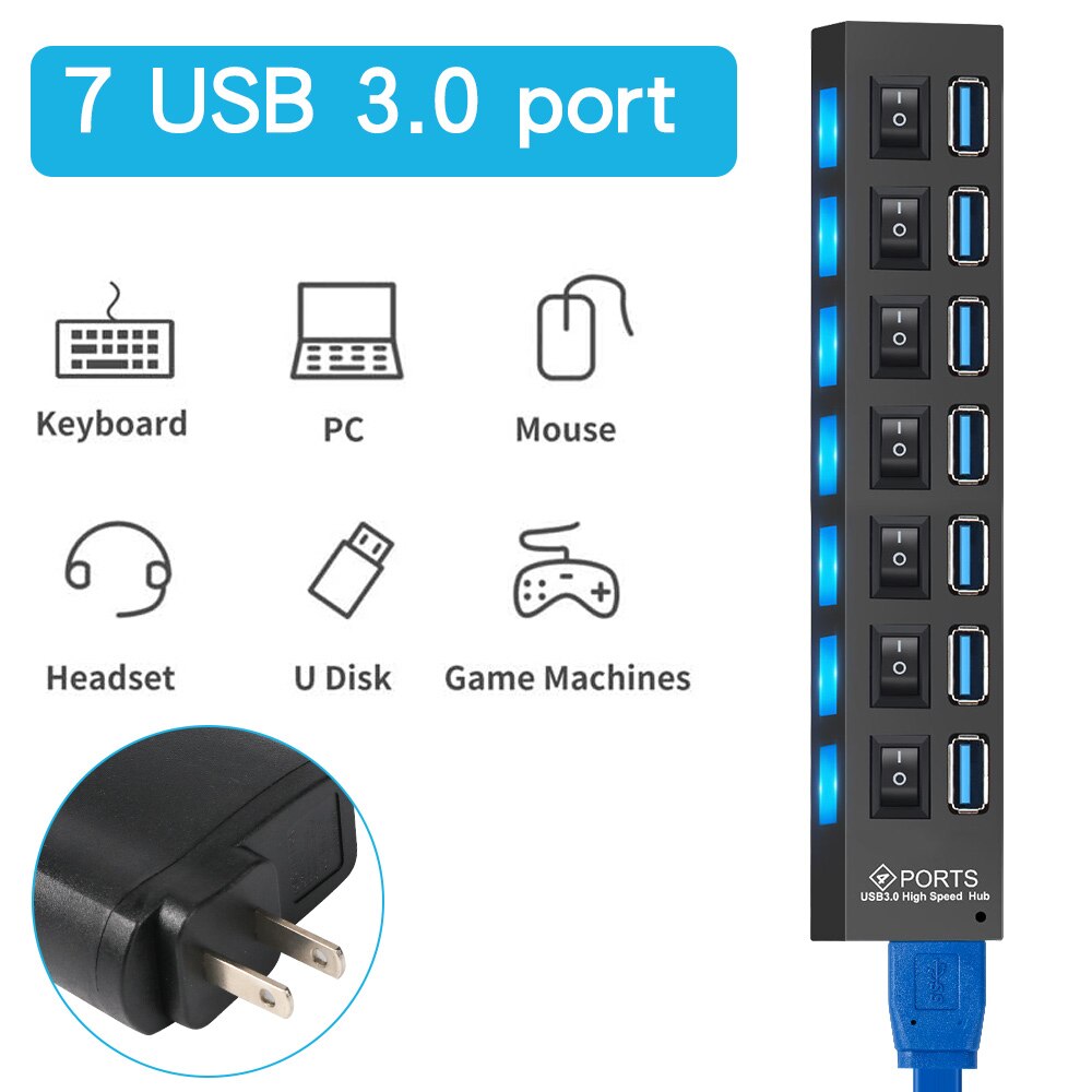 【VisioN Shop】USB HUB 3.0 4/7 Multi Port USB Splitter Power Adapter Multiple Expander For PC Laptop. 