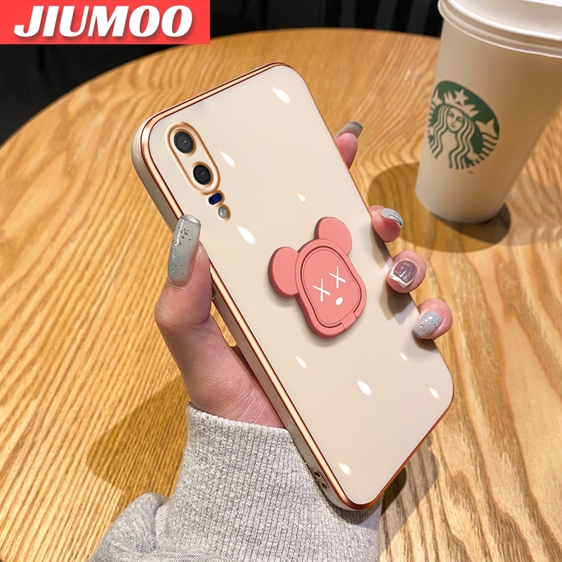 JIUMOO For Huawei P20 Case Pink Swivel Violent Bear Bracket Square Edge Phone Case Plating Silicone Casing Full Cover Camera Shockproof SoftCase Protection Cases. 