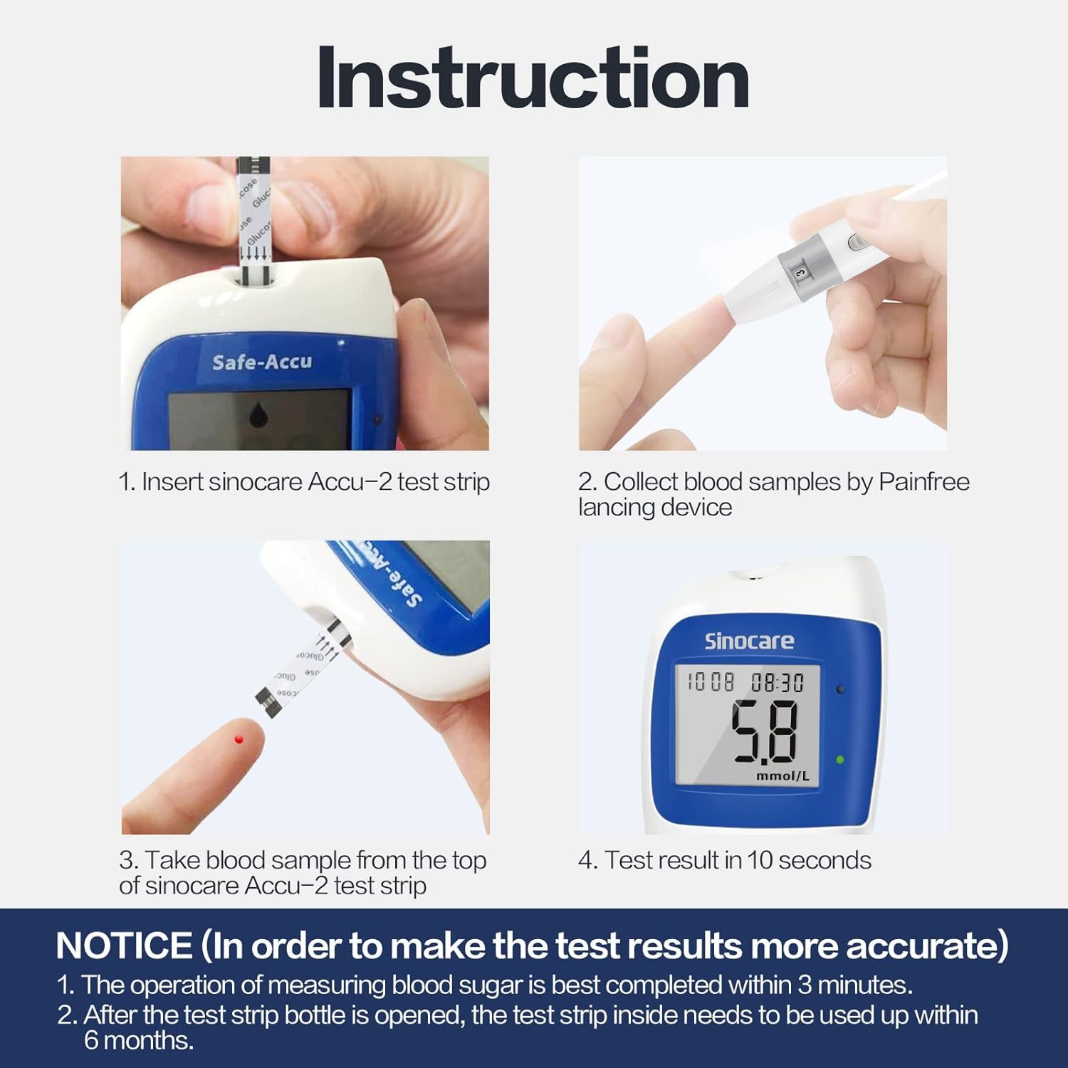 Sinocare Diabetes Test Kit, Blood Glucose Monitor, Safe-Accu2 Blood Sugar Testing Kit with Strips x 10 in mmol/L. 