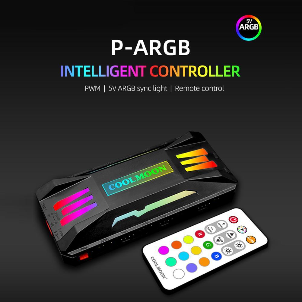 (NEW)Coolmoon P-argb Controller 4-pin Pwm 5v 3pin Smart RGB Remote Controller Chassis Fan Hub Pc Case Cooling Fan. 