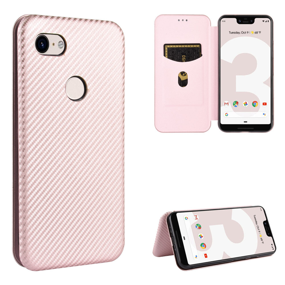 lthmy for Google Pixel 3 XL Carbon Fiber Magnetic Closure with Card Slot Flip Case Cover
