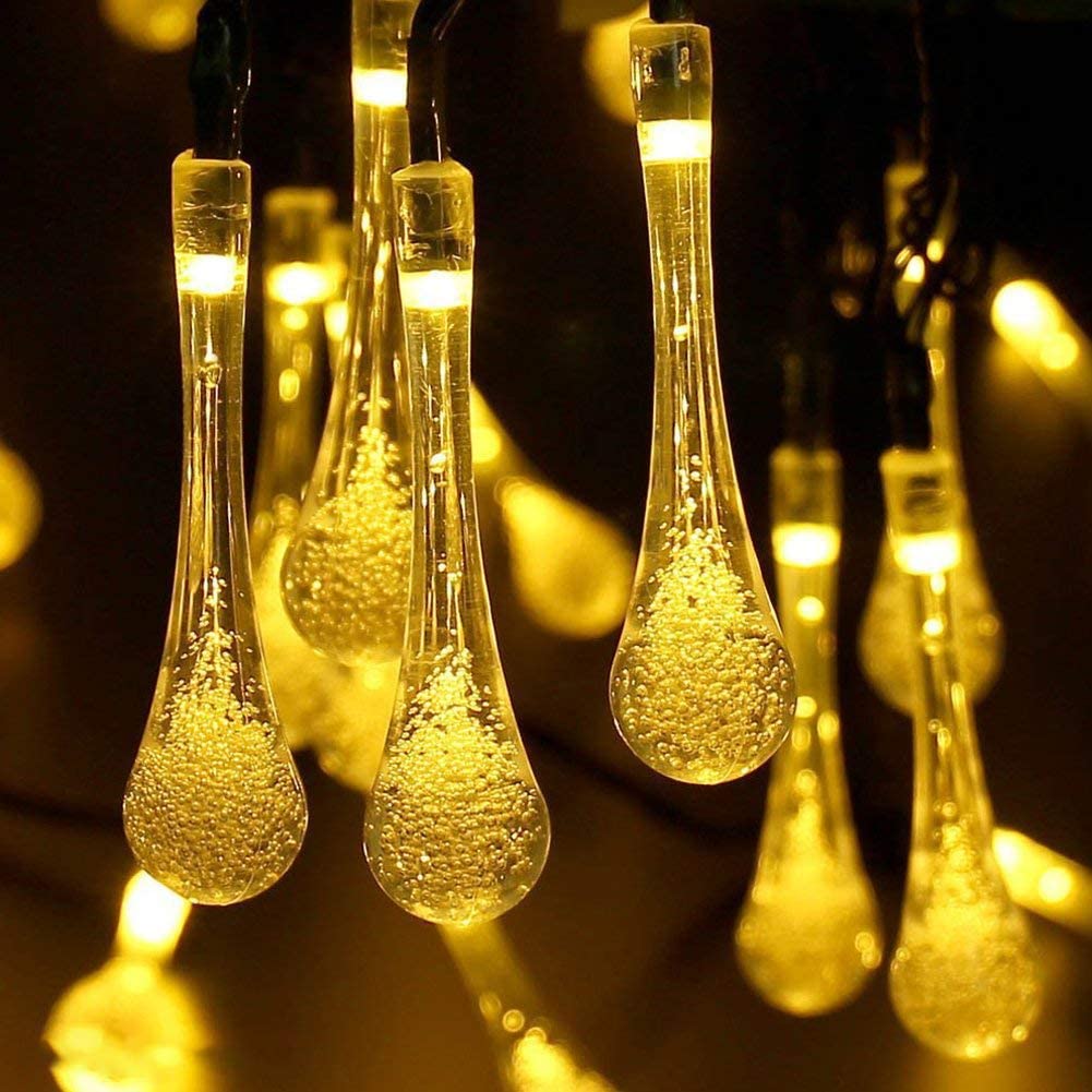 Solar Festoon LED Outdoor String Lights LED Teardrop Lights Waterproof 8 Modes Multicolor Water String Lights for Gardens Party--WARM WHITE--12M-100LED. 