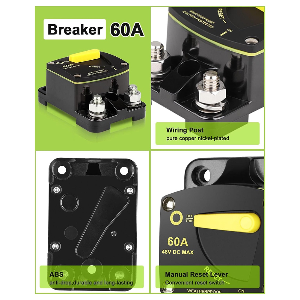 60 Amp Circuit Breaker DC 12V-48V Fuse with Manual Reset Switch. 