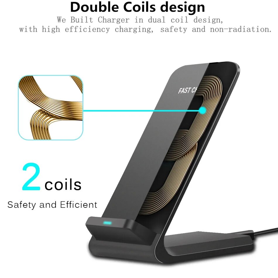 100W Wireless Chargers QC 2.0 Fast Charging for iPhone 10 14 13 12 XR Samsung S22 S10 S7 S8 S9 2-Coils Stand 5V/2A 9V/1.67A. 