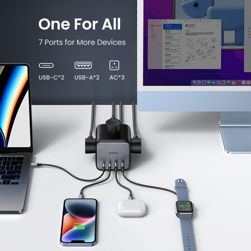 UGREEN 65W USB C Charger, DigiNest Cube GaN USB C Charging Station, Multiple Power Strip with 3 A-C Outlets, 2 USB C, 2 USB A, 6ft Extension Cord, Fast Charging for iPhone 14 Pro Max iPad MacBook Air. 
