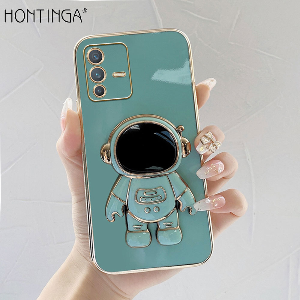 Hontinga for Vivo V23 5G Back Cover With Cartoon Astronaut Folding Bracket Cases Luxury 6D Plating Soft Silicone Phone Cases