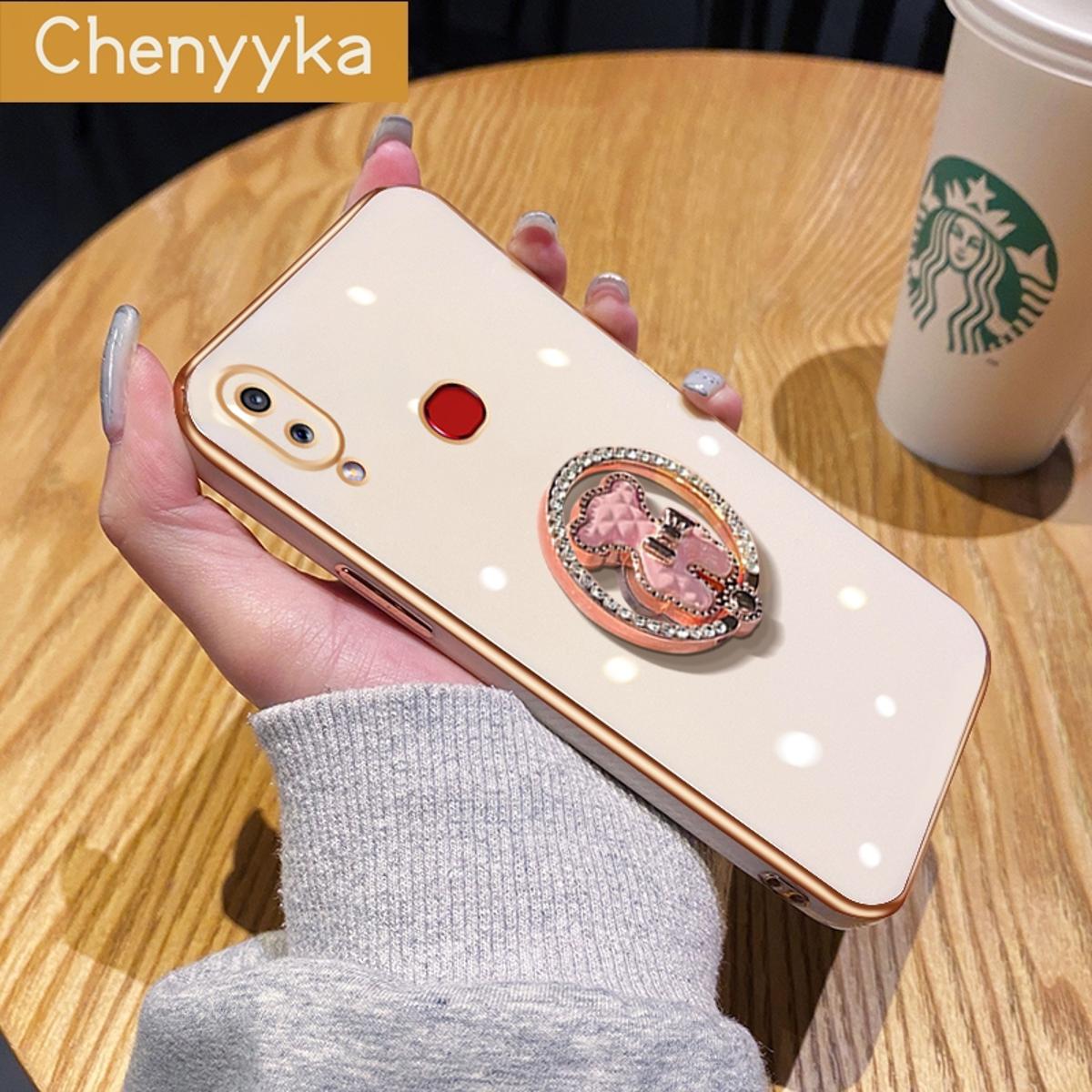 Chenyyka For Samsung Galaxy A10s M01s Case Flash Drill Metal Rotate Bracket Design Side Square Edge Plating Silicone Soft Casing Full Lens Camera Protection Back Cover