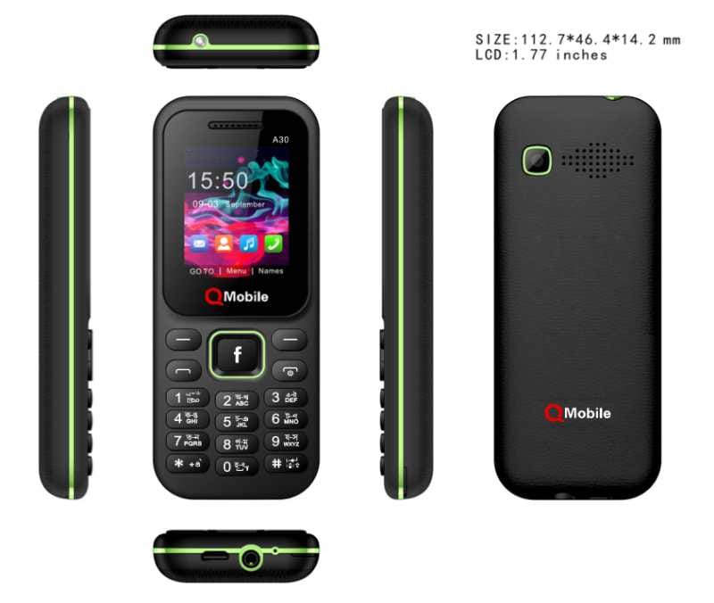 Qmobile a30 looking as like as i72 rock 1.77 inches dislpay feature phone button mobile phone2 sim colour ful diaply memory use up to 32 gb mp3camera mp4 colour Dark blue. 