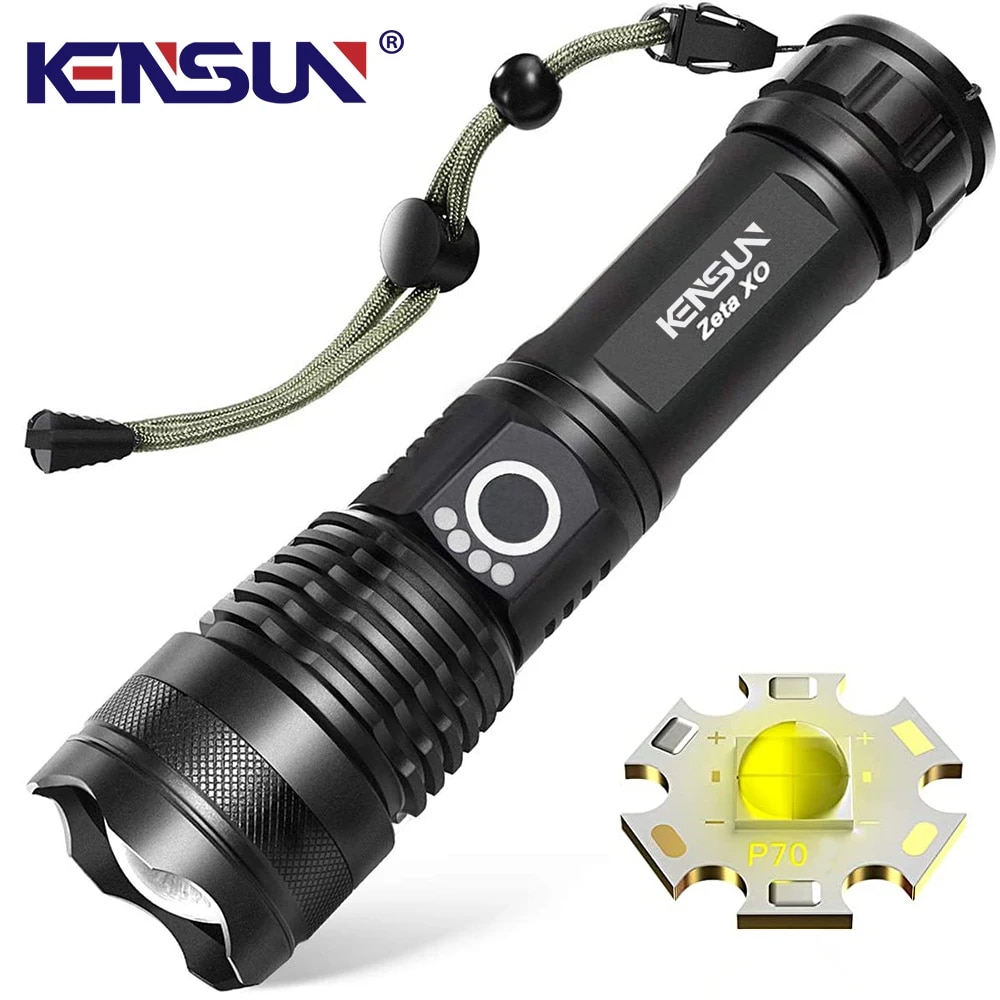 KENSUN High Power XHP70 Rechargeable Led Flashlight 4 Core Torch Zoom Usb Hand Lantern For Camping, Outdoor Emergency Use ﻿