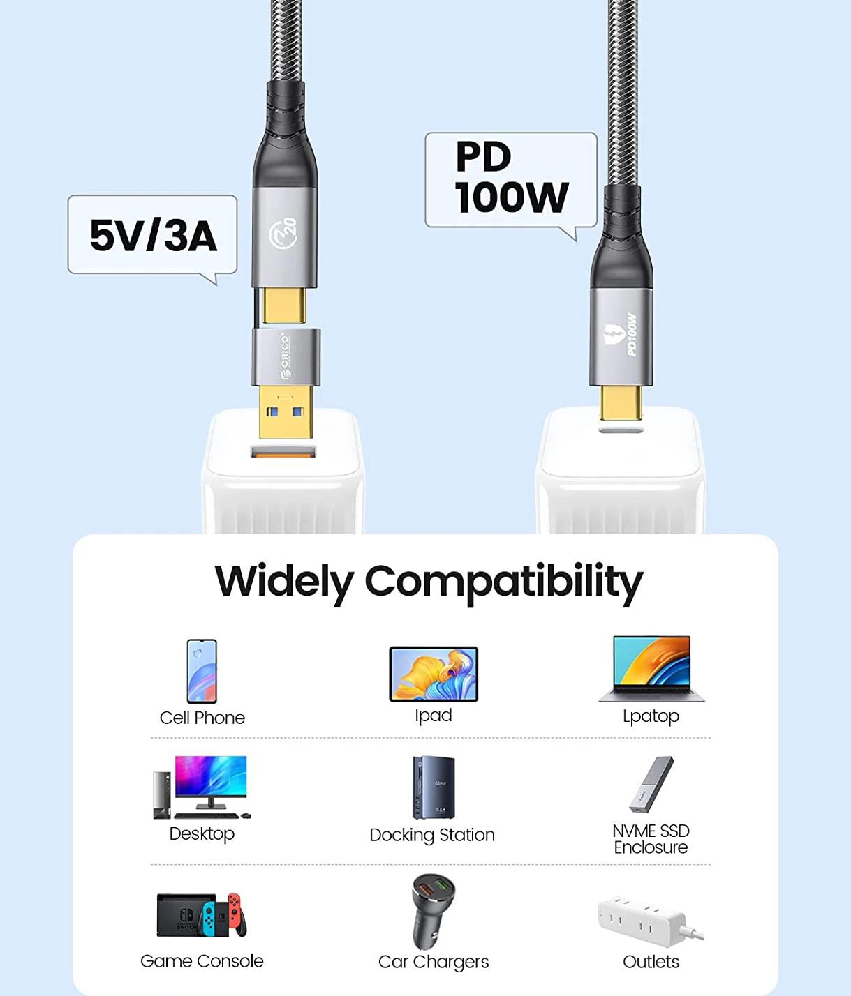 ORICO 2 In 1 40Gbps USB C Fast Charger Cord 8K @60Hz HD USB 3.0 to USB C Cable for Macbook Thunderbolt 4 PS4 Cable PD100W. 