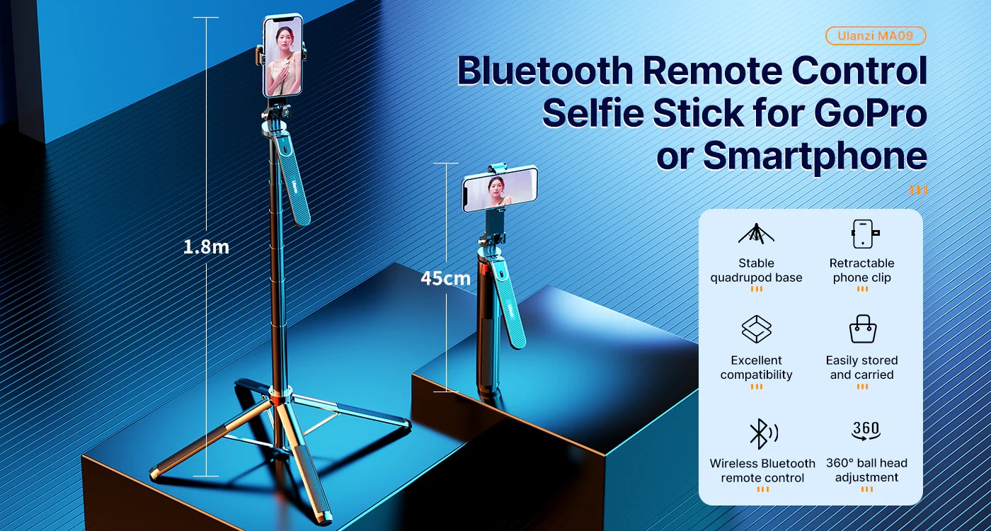 ULANZI MA09 Extendable Phone Tripod, 71" Selfie Stick Phone Vlog Tripod Stand Quadrapod with All in 1 Phone Clip, Travel Tripod Phone Holder with Rechargeable Remote. 