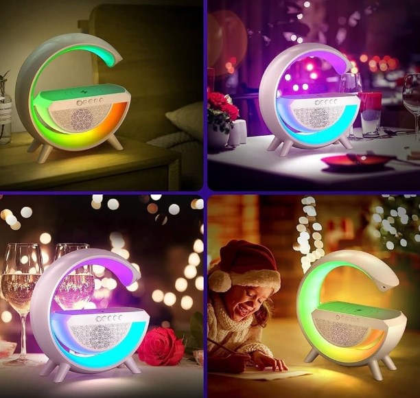 G Shape Google LED Wireless Charging RGB Bluetooth Speaker Clock and Rechargeable Table Lamp. 
