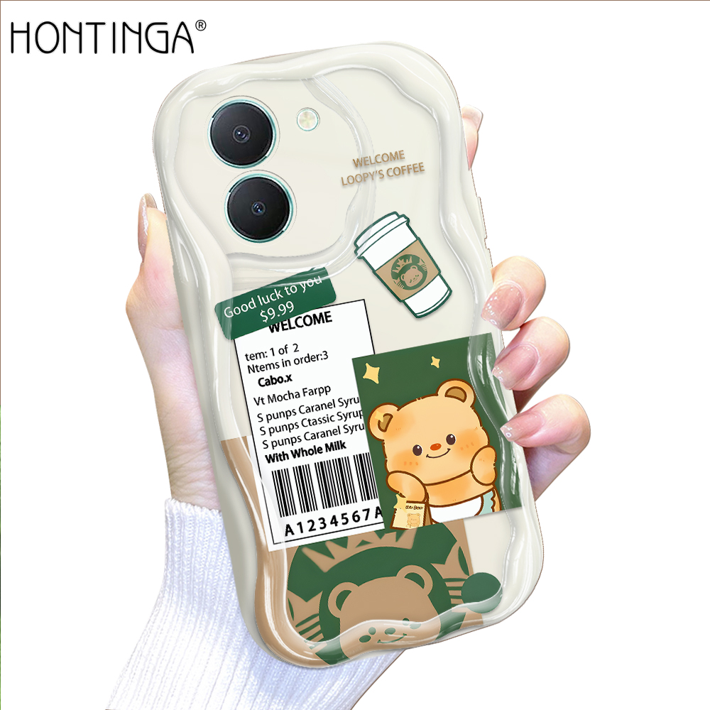 Hontinga for Vivo Y36 4G Y27 5G Back Cover Cute Bear Coffee Cream Texture Phone Case Wavy Edge Soft Silicone Cover
