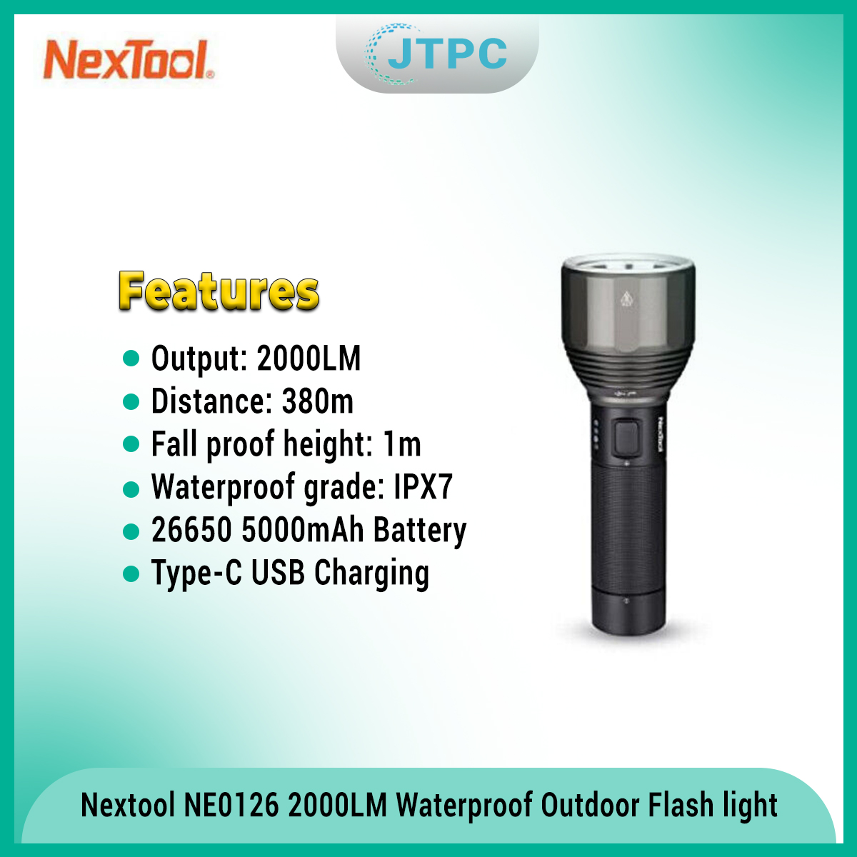 Xiaomi NE0126 Nextool 2000LM Super Bright 5-Mode Rechargeable LED Torch IPX7 Waterproof Outdoor Flash light With Type-C Charging Port. 