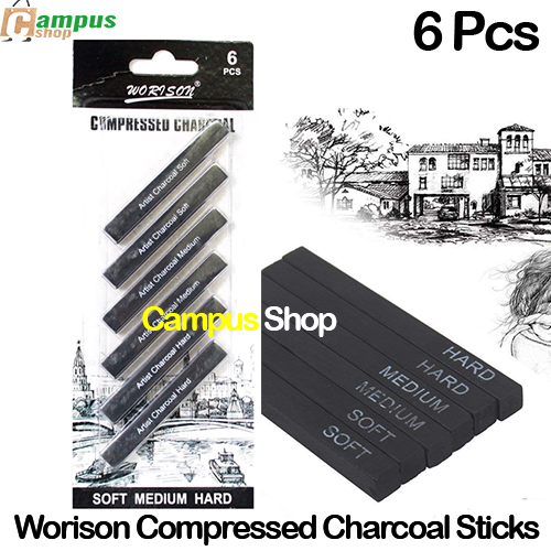 Worison Drawing Shading Compressed Charcoal Sticks, Soft, Medium, Hard-6 Pcs. 