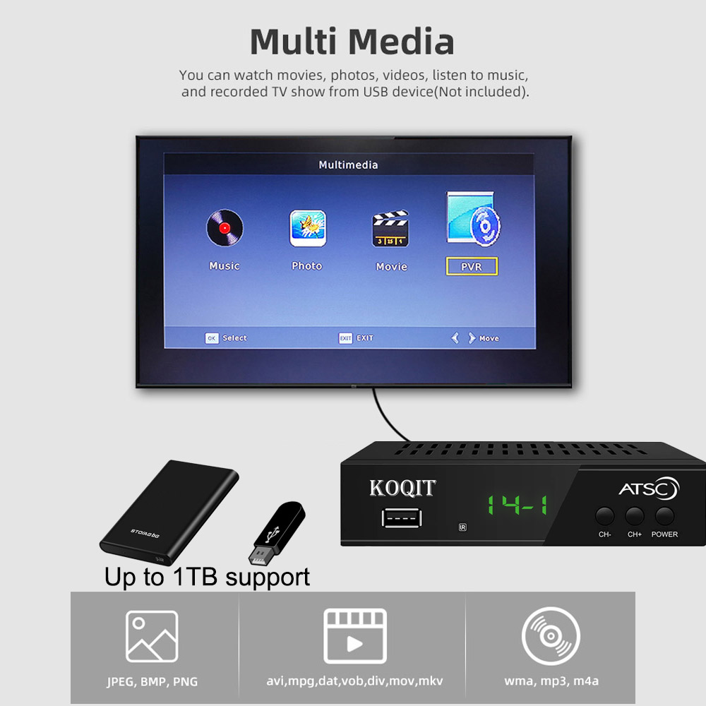 OTA ATSC DVR Recorder For Tv Analog Digital Converter Box QAM Tv Tuner Terrestrial Antenna Coax Universal Remote HD Media Player. 