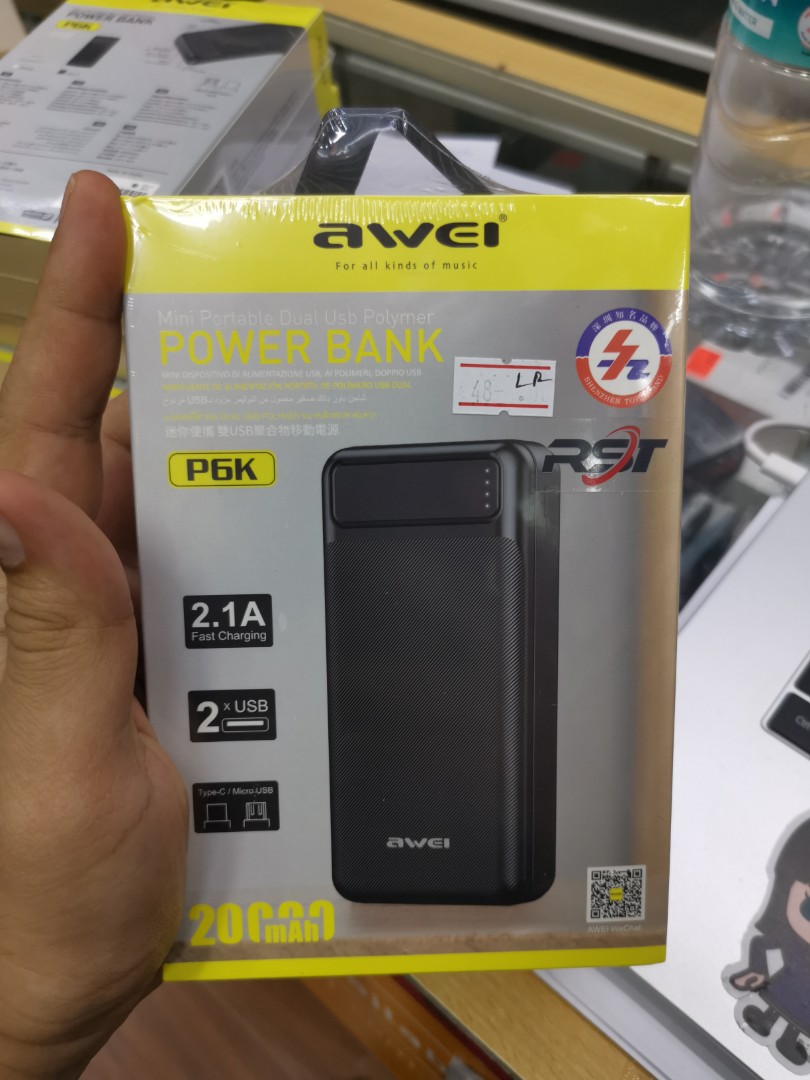 Awei P6K 20000mAh Fast Charging Dual USB Port Powerbank Micro USB and Type C Input Power Bank Black. 