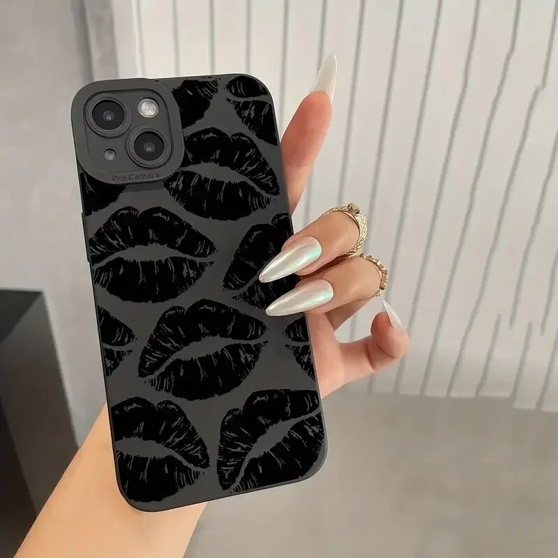 Black Lips Kiss Print Soft Silicone Phone Case for iPhone 15 Pro Max 14 13 12 11 Pro Max 7 8 14 15 Plus SE 2 X XS XR Matte Cover. 