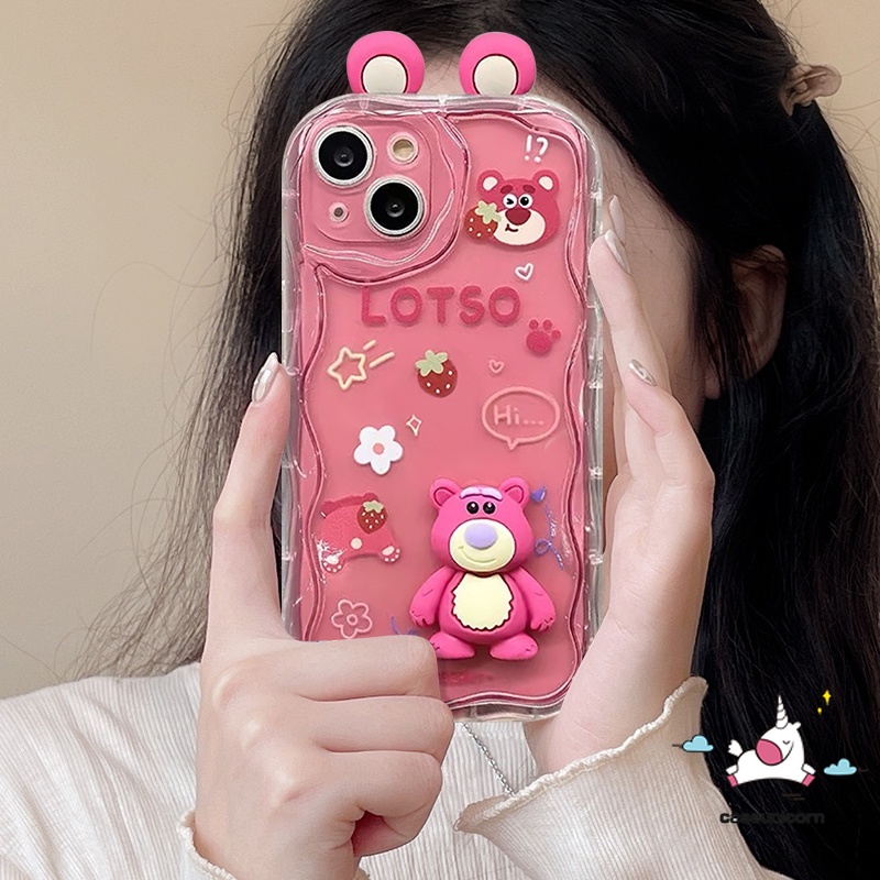 Cartoon 3D Doll Cute Strawberry Bear Lotso Phone Case For Redmi Note 12 10 11 9 8 10s Pro Max Redmi 9T 10C 9A A1 A2 10A POCO X5 M3 C55 MI 12 11 Lite Fashion Lovely Animals Wavy Curved Edge Soft Cover. 