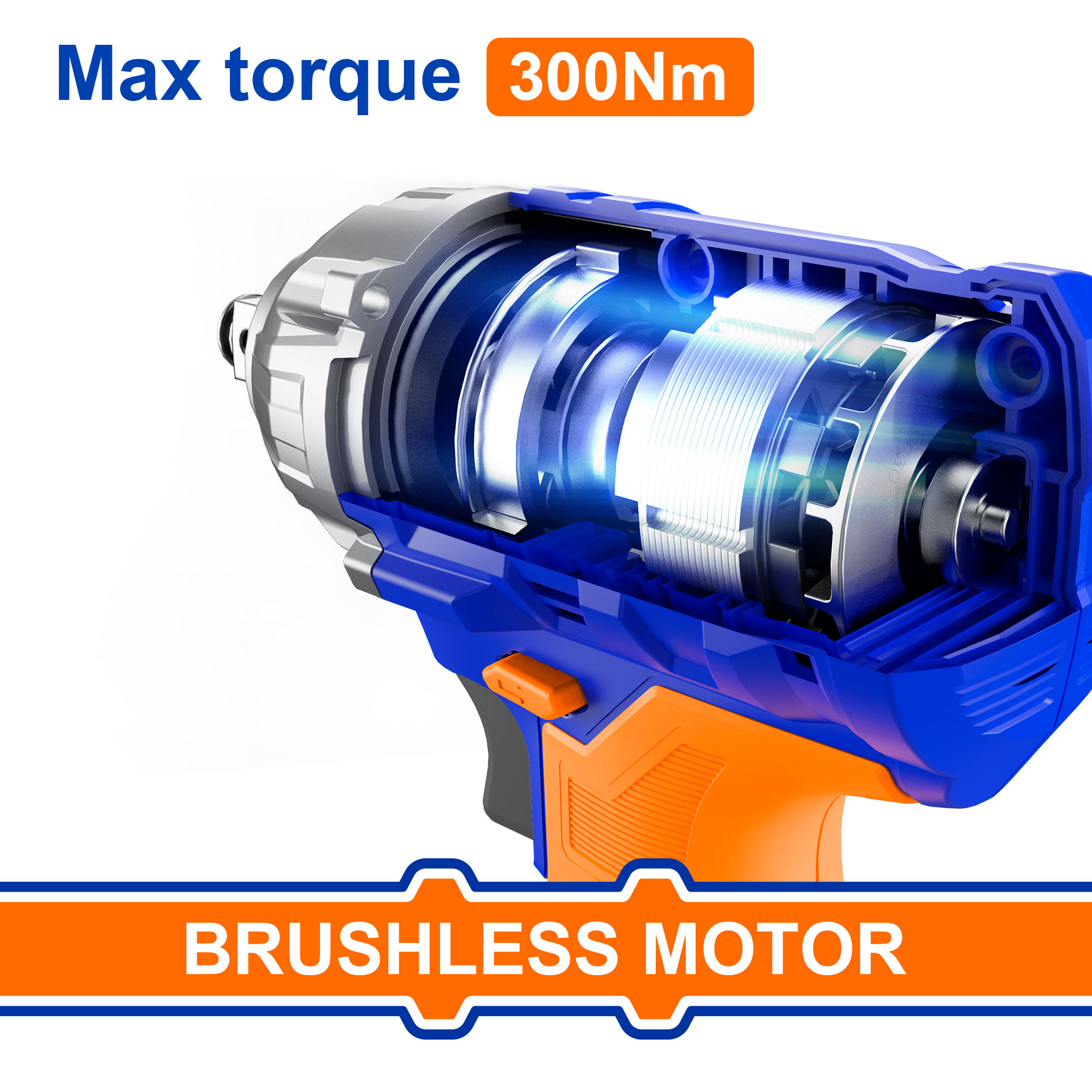 WADFOW Cordless Impact Wrench, Brushless Motor, 300 Nm, Impact Wrench, 3300 bpm, LED Light, Forward & Reverse, Cordless torque wrench With 2 pcs Batteries, Socket WCD1512. 