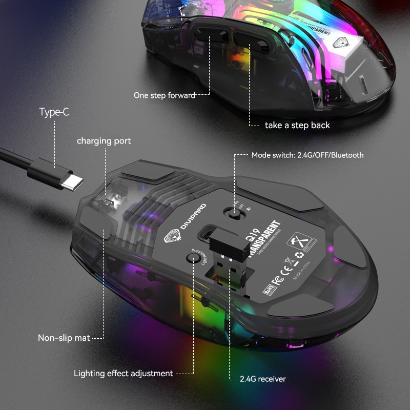 Q19 Wireless Bluetooth Tri-mode Transparent Mouse RGB Illuminated Gaming Gaming PC Notebook Cross Border. 